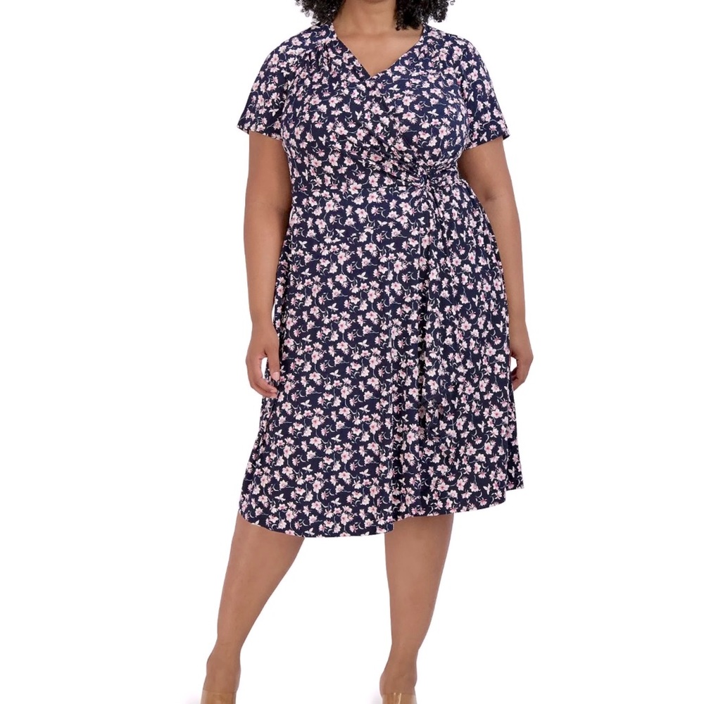 Navy blue dress with small pink flowers